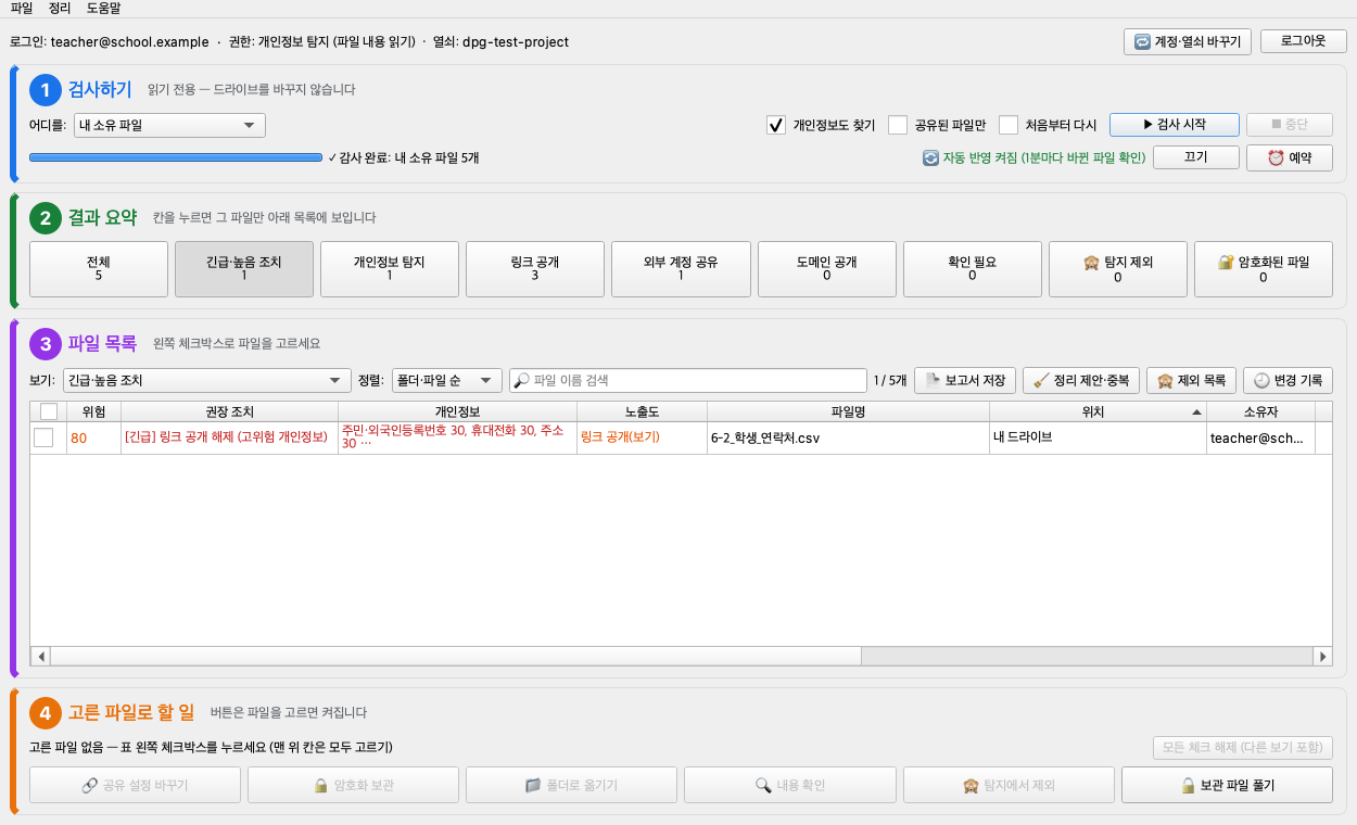 긴급·높음 조치만 거른 파일 목록